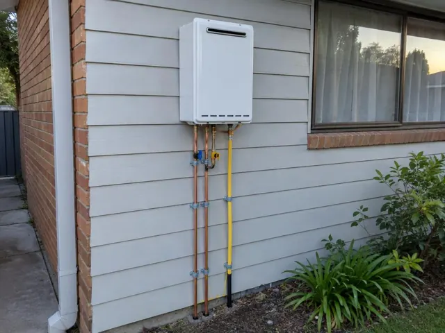 Wall-mounted hot water unit with exposed copper pipes beside a brick window and garden bed in Cranebrook
